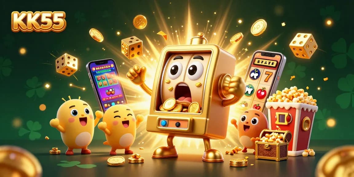 Experience the KK55 jackpot with a golden slot machine showering coins in a vibrant casino scene.
