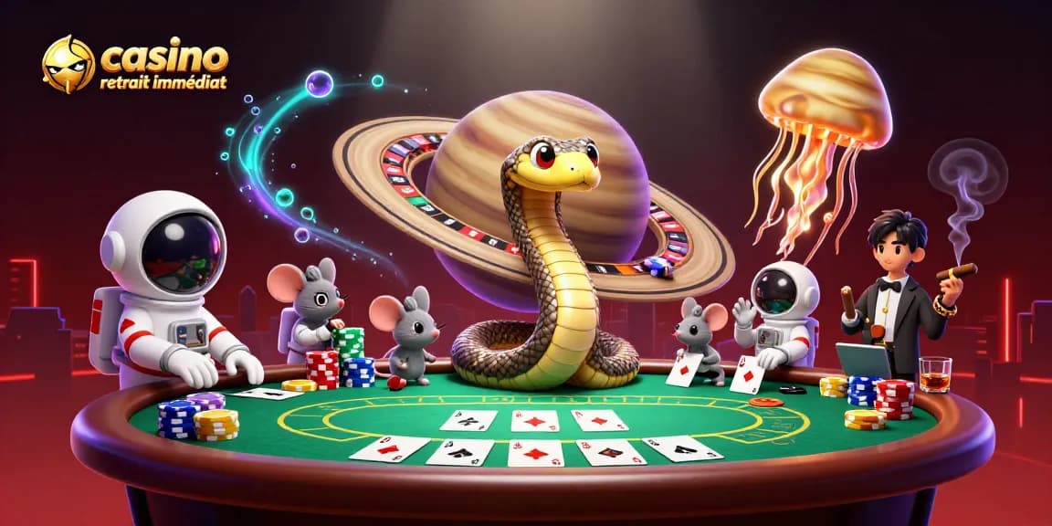Placer des paris dans un casino avec un retrait immédiat, illustré par une scène animée de jeux de hasard.