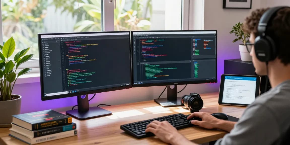 Developer enhancing FiveM ESX Scripts in a modern workspace, showcasing coding tools and vibrant atmosphere.