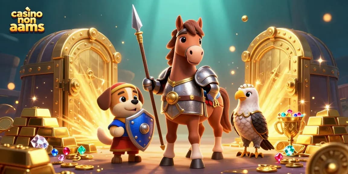 Interagisci con i casino non AAMS attraverso un'illustrazione ricca di personaggi di gioco e elementi di tesoro.