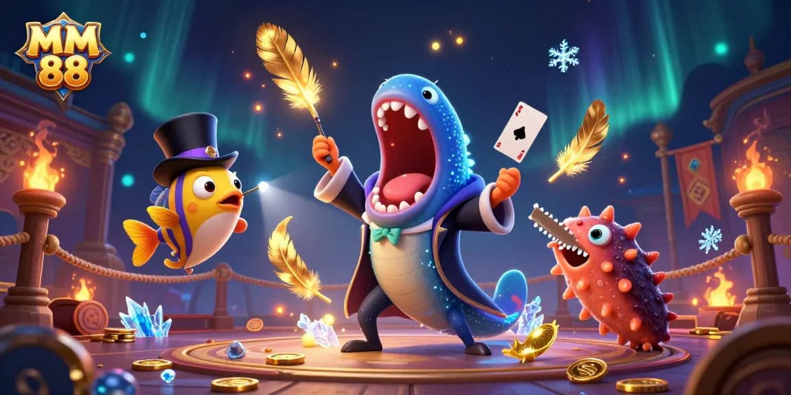 Experience exciting gambling at MM 88 with vibrant 3D characters showcasing card tricks and casino elements.