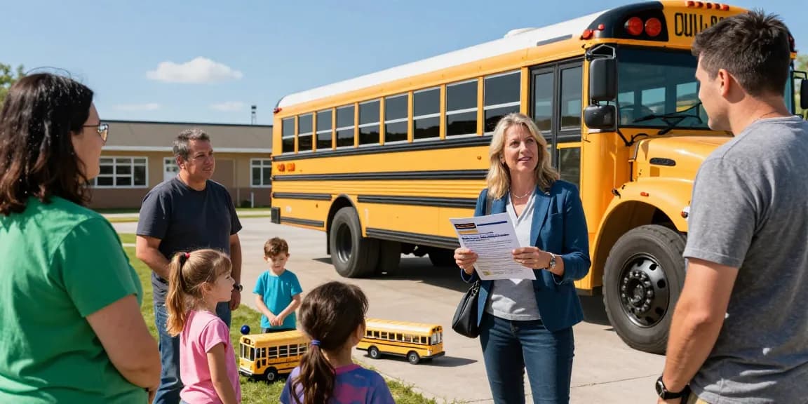 Jodi Ruta advocating for bus safety in Manitoba, engaging parents and children about school transport safety initiatives, emphasizing community awareness.