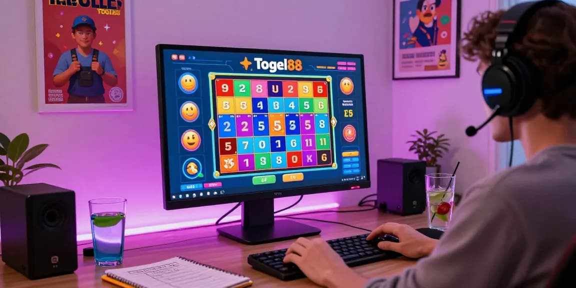 Togel88 Me Login in a vibrant online gaming workspace with colorful graphics and engaging lottery elements, showcasing a user enjoying a relaxed gaming experience.