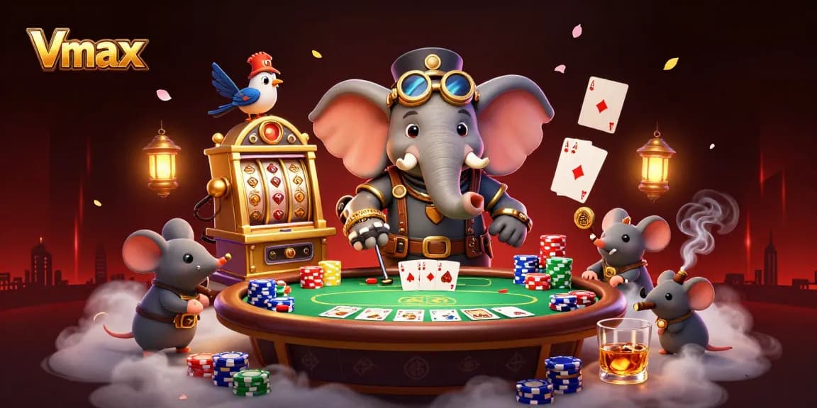 Spin the Vmax slot machine with steampunk characters in a vibrant casino scene filled with poker elements.