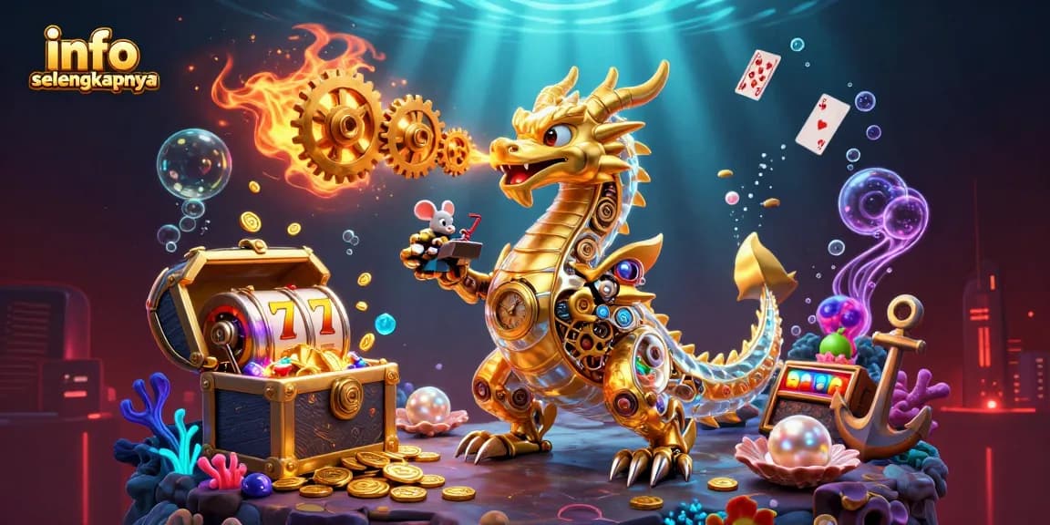 info selengkapnya menampilkan ilustrasi kasino 3D dengan naga emas dan elemen slot yang dinamis.