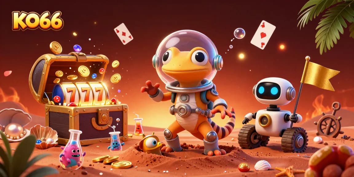 Celebrate wins at KO66 with a vibrant 3D casino scene featuring slots, treasures, and energetic characters.