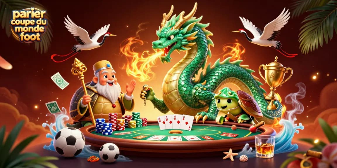 Parier coupe du monde foot avec un dragon de jade, un sage, et des éléments de paris sportifs.