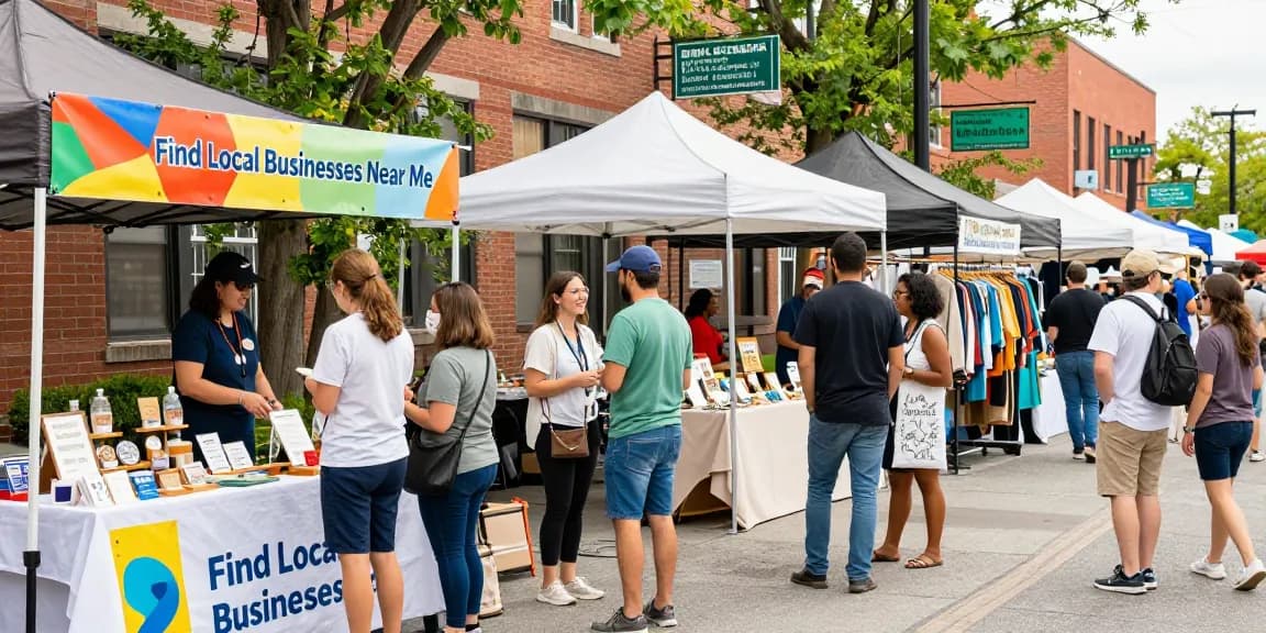 Find local businesses near me at a vibrant urban marketplace with diverse vendors and happy shoppers.