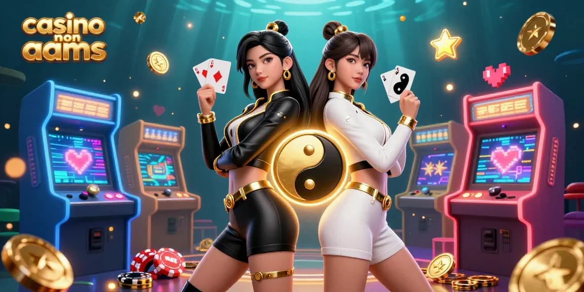 Esplora l'emozionante mondo dei casino non AAMS con due splendide donne asiatiche che giocano a carte tra elementi arcade luminosi.