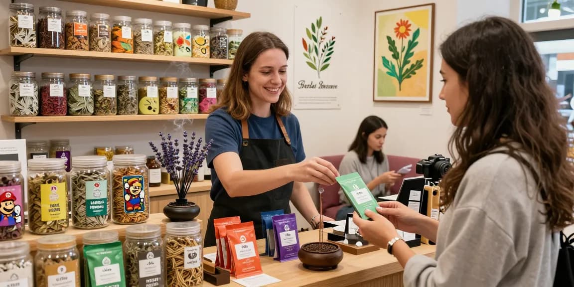 Engaging shopping experience for buy-zombie-mario-herbal-incense-5g in a vibrant herbal incense shop.