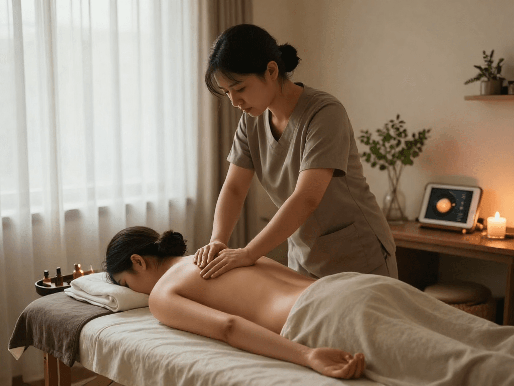 Relaxing 출장안마 session with a professional therapist in a tranquil setting, enhancing wellness and self-care.