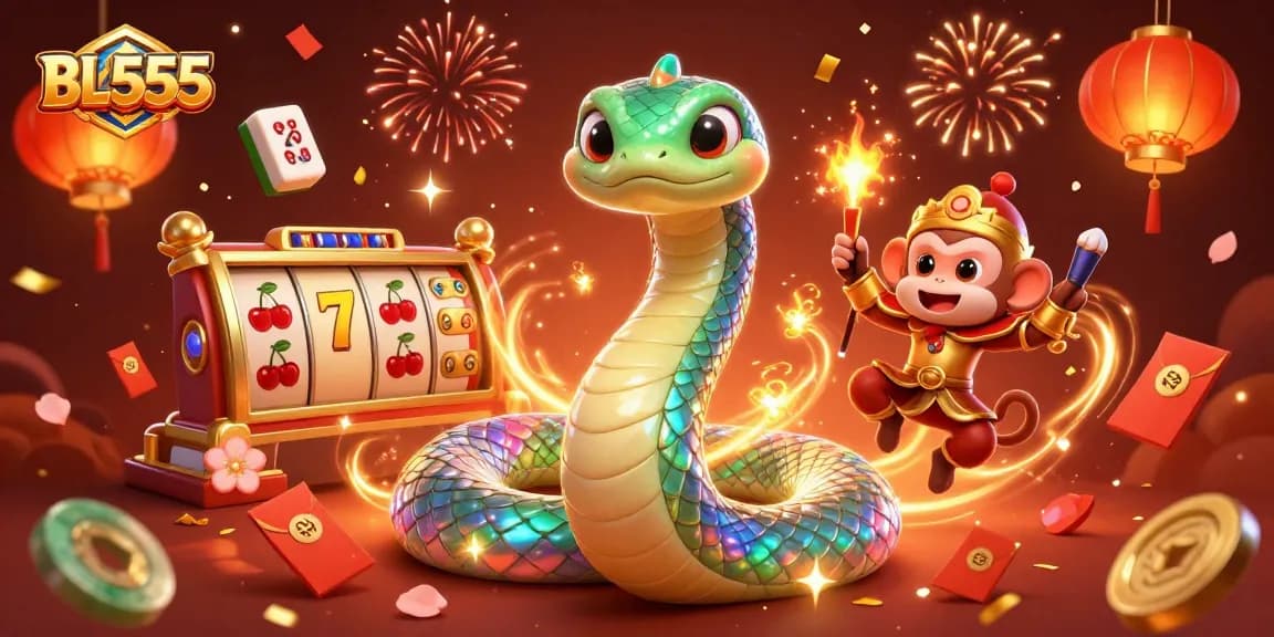 Experience vibrant gaming excitement at BL555 with a spectacular rainbow serpent and a monkey king in a splendid casino setting.