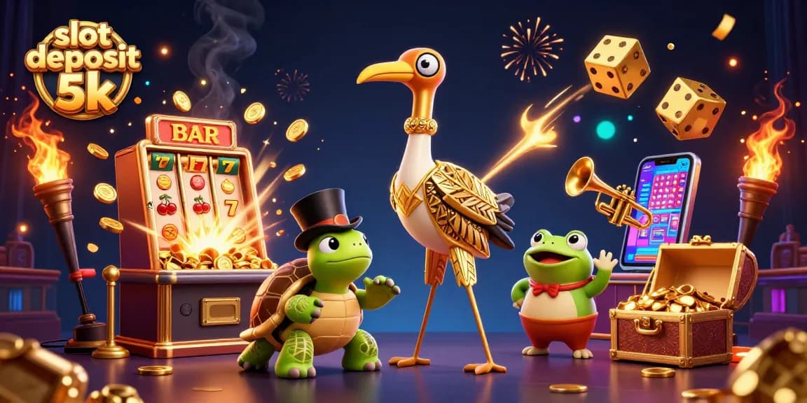 Experience big wins with slot deposit 5k in this vibrant casino illustration showcasing animated characters.