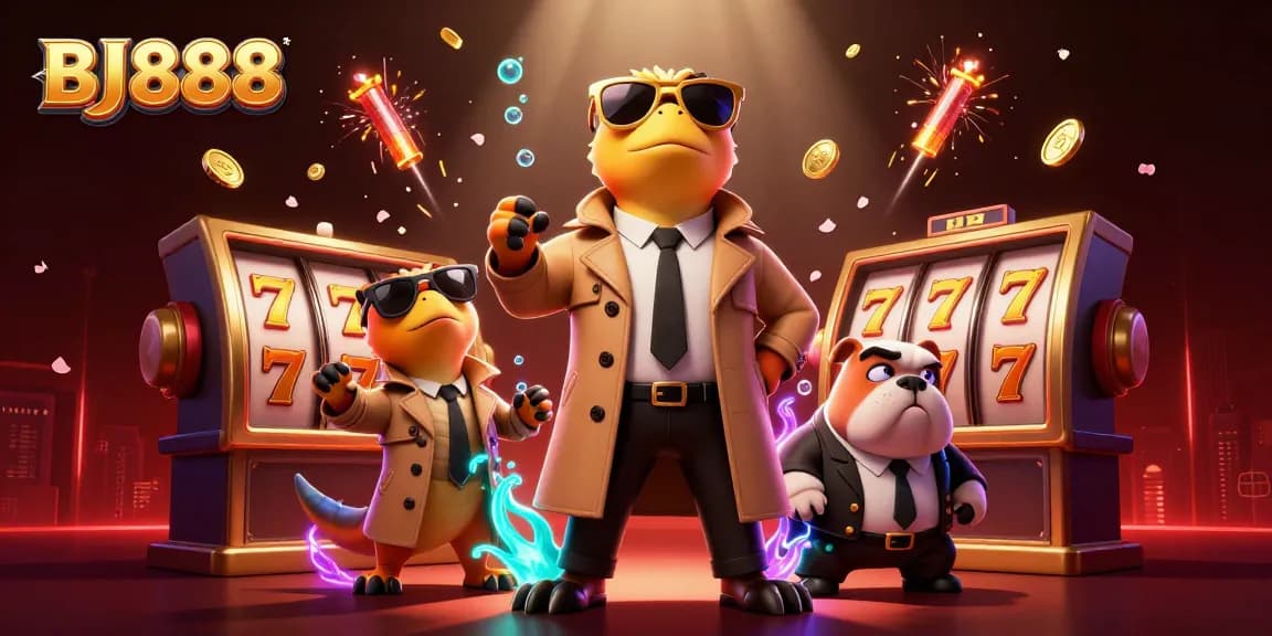 Join the vibrant BJ888 casino scene with characters navigating a VIP lounge filled with excitement.