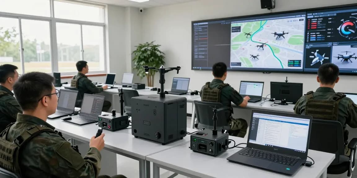 Anti drone jammer systems deployed in a military facility monitoring drone activity with advanced detection equipment.