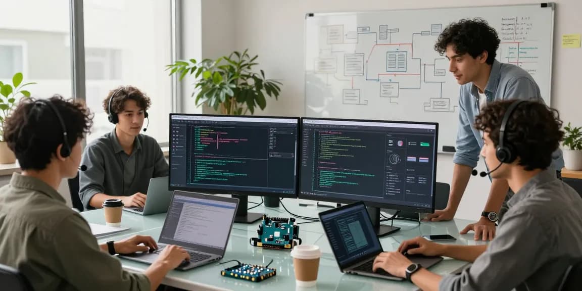 Dynamic software team collaborating on Kinetiq project in modern workspace.
