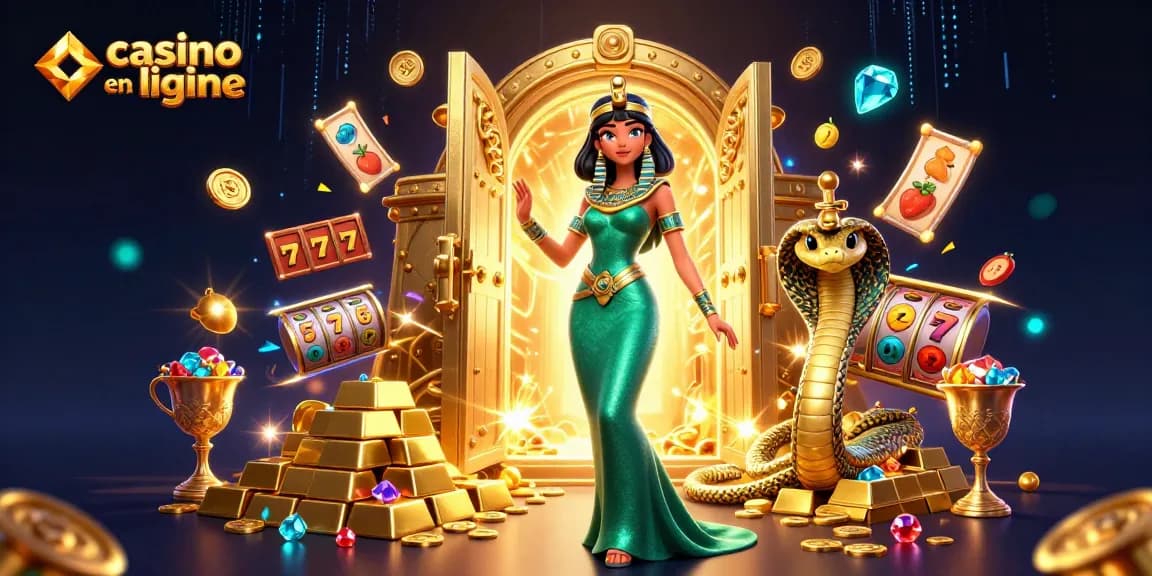 Découvrez le frisson du casino en ligne avec une femme éblouissante et des trésors parmi des éléments de jeu vibrants.