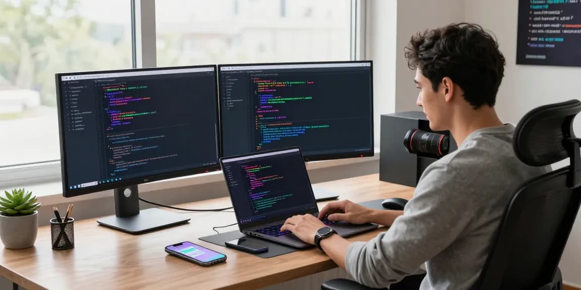 Developer coding on laptop with Telegram interface, showcasing 纸飞机中文版 in a modern workspace.