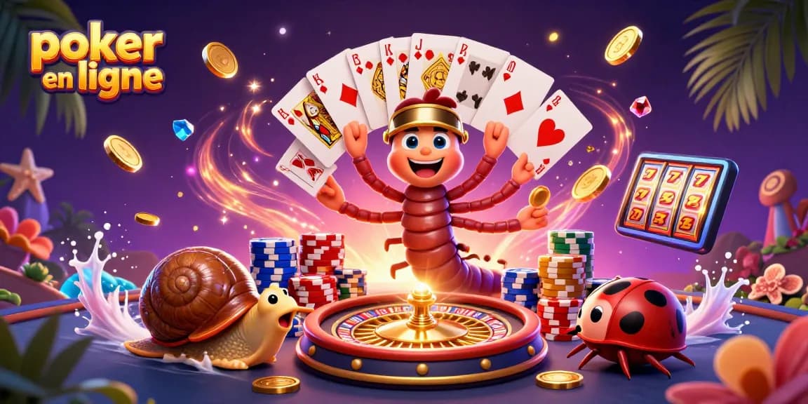 Jouez au poker en ligne avec le meilleur action et des gains, illustration dynamique d'un dealer cartoon et un joueur avec des jetons.