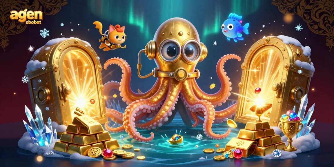 Menang bersama agen sbobet dengan simbol keberuntungan dan kekayaan dalam ilustrasi kasino.