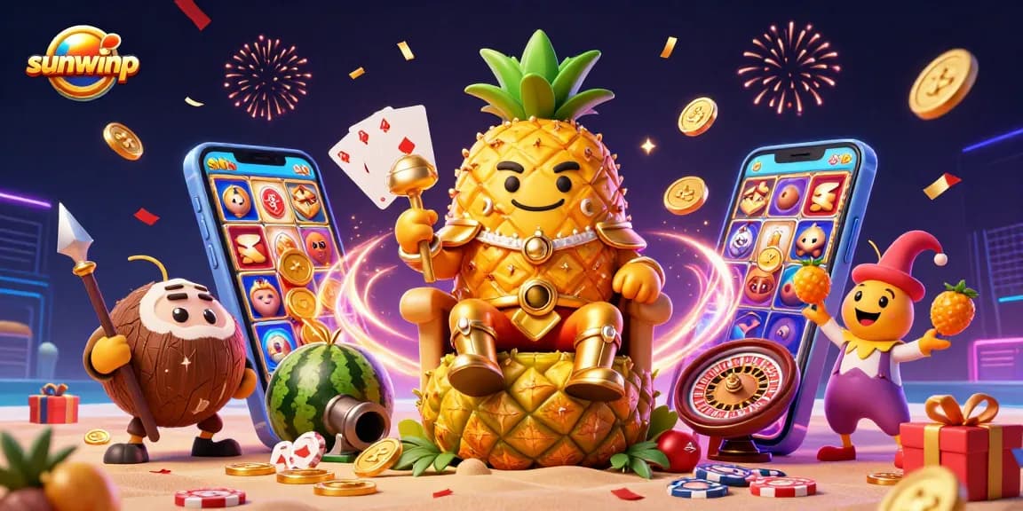 Experience the excitement of gambling with sunwinp in this vibrant casino-themed illustration, featuring dynamic characters.