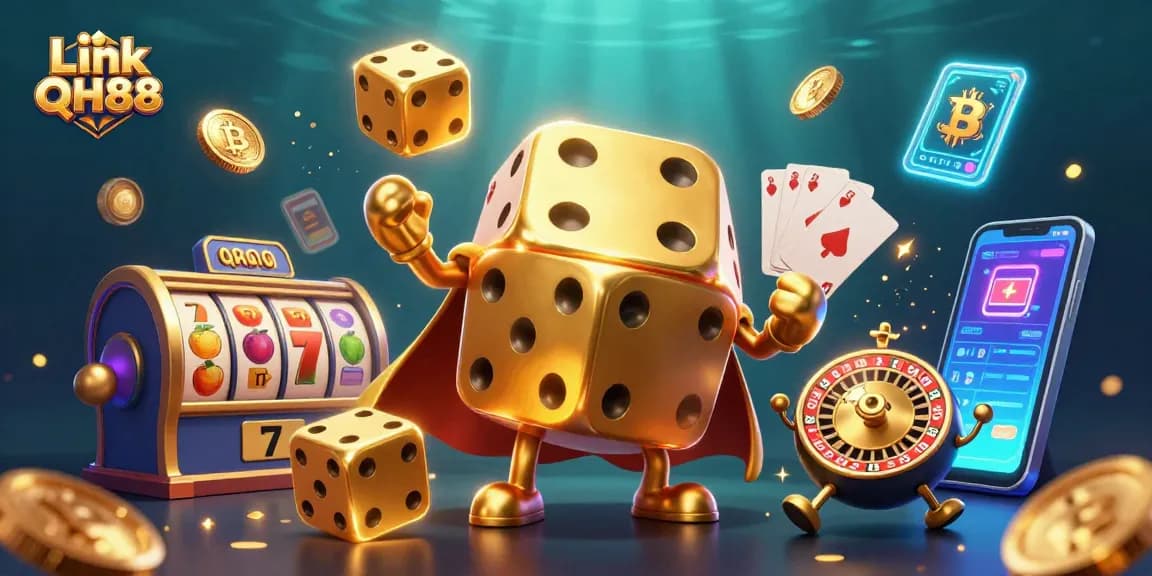 Win big at Link QH88 with golden dice and slots in a vibrant casino scene.