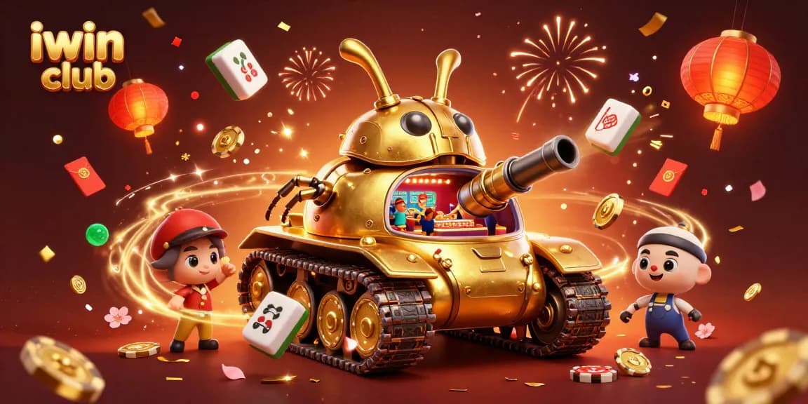 Win at iwin club's vibrant miniature casino scene with a golden beetle tank and festive elements.