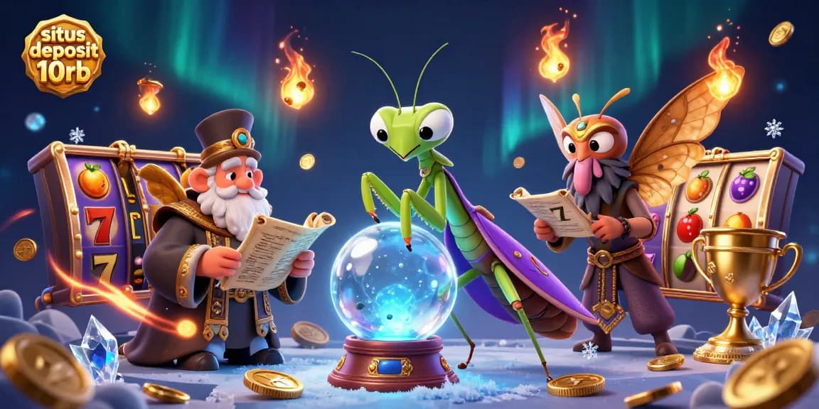 Engage with situs deposit 10rb in a dynamic casino illustration filled with slot reels and mystical elements.