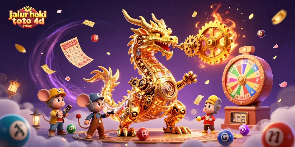 Engage with jalur hoki toto 4d macau in a dynamic 3D illustration featuring a golden dragon, vibrant lottery elements, and magical effects.