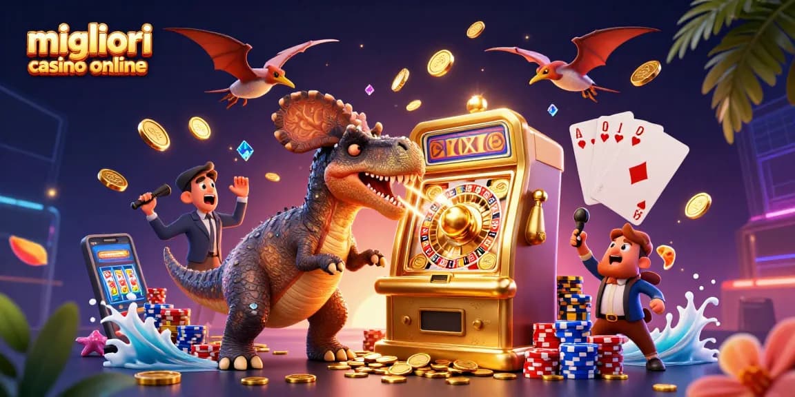 Vinci con i migliori casino online, mentre un pachycephalosaurus colpisce una slot machine dorata.