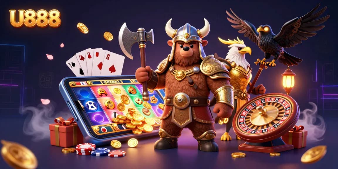 Experience the thrills of U888 with a dynamic illustration of casino action featuring a Viking bear and Valkyrie eagle.