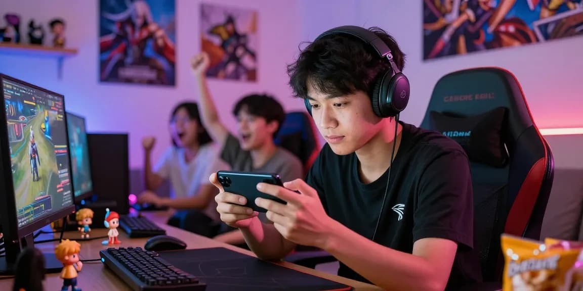 Mobile Legends action with a gamer focused on gameplay, showcasing community spirit and excitement in a vibrant gaming room.