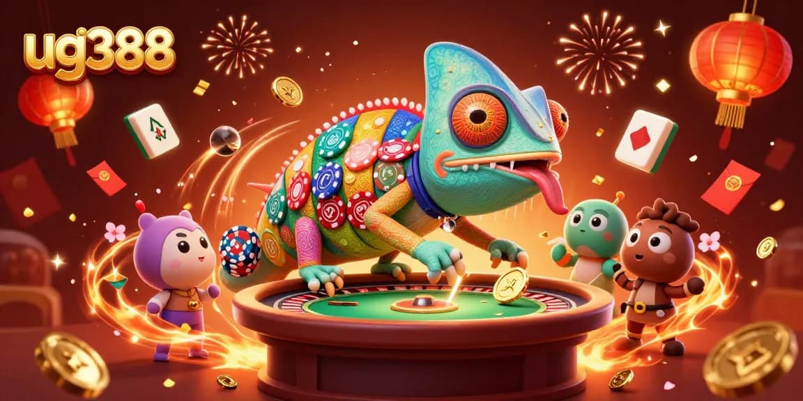 Step into the thrilling world of ug388 as our chameleon casino owner captures golden coins amidst a vibrant celebration.