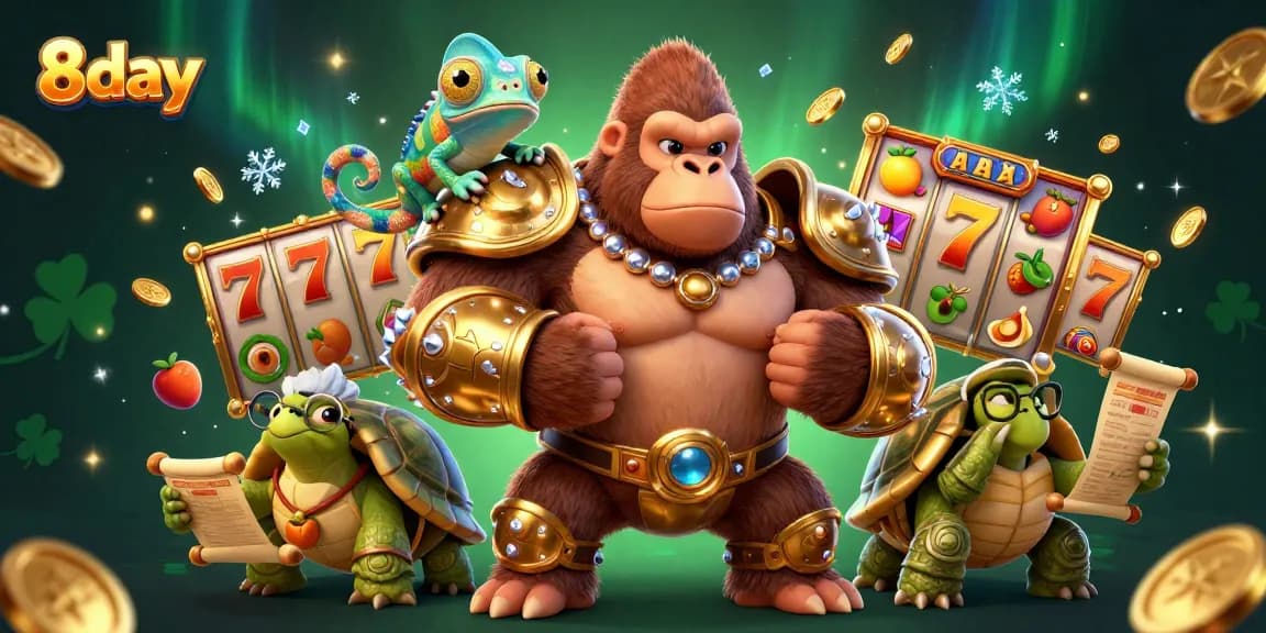 Experience thrilling gameplay and jackpots at 8day casino with a colorful montage of symbols and characters.