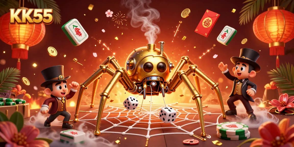 Engage with KK55's dynamic gaming experience featuring vibrant characters and casino-themed elements.