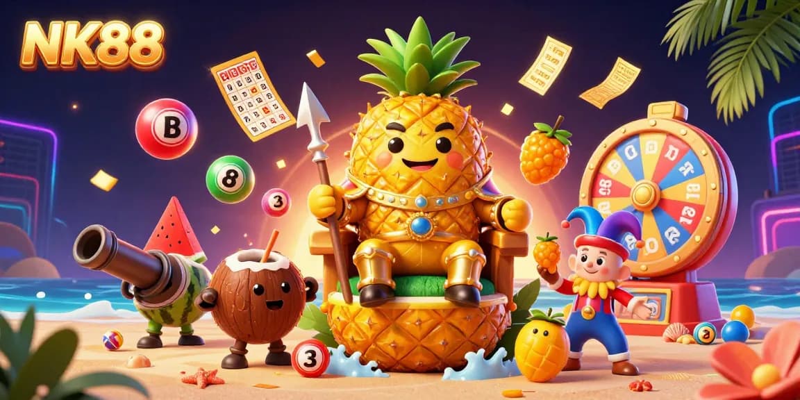 Experience dynamic lottery action at NK88 with a colorful casino scene featuring a golden pineapple king.