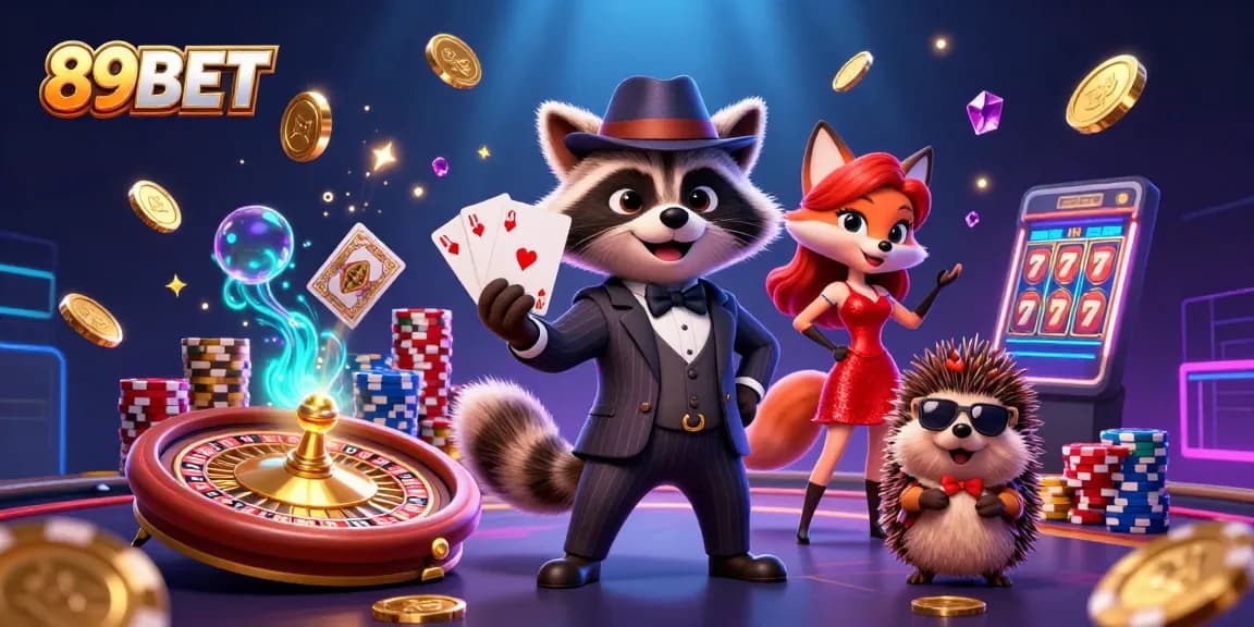 Engage with exciting 89BET casino games featuring a raccoon, fox, and hedgehog in a vibrant atmosphere.