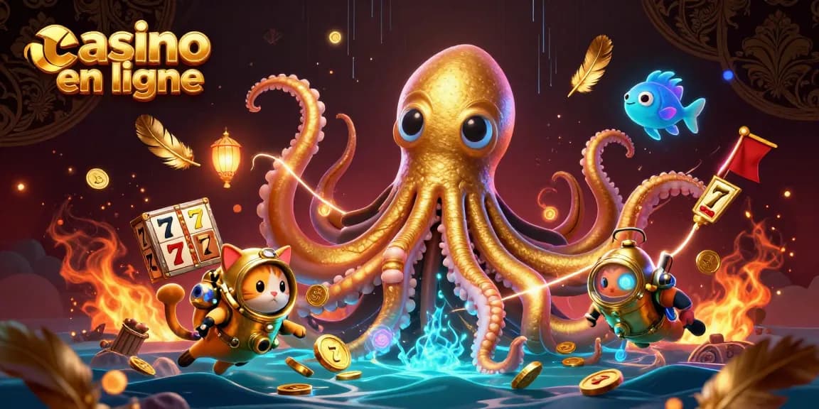 Plongez dans le monde des jeux de casino en ligne avec un kraken doré et un chat plongeur.