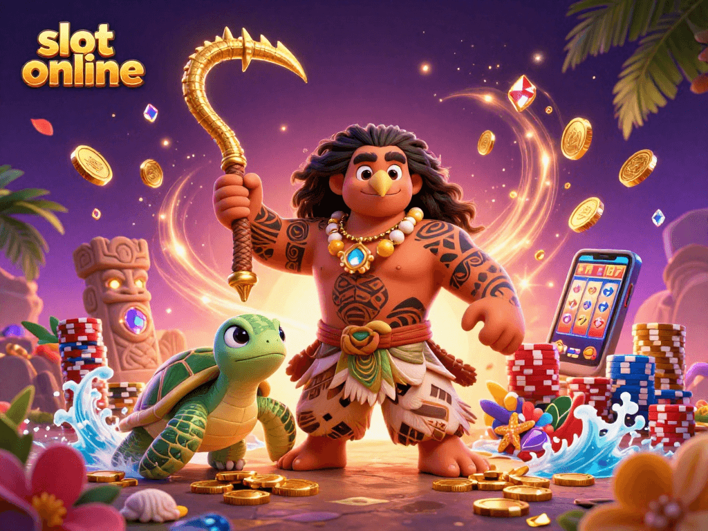 Engage with captivating slot online gameplay featuring a demigod hawk and moana-style turtle.