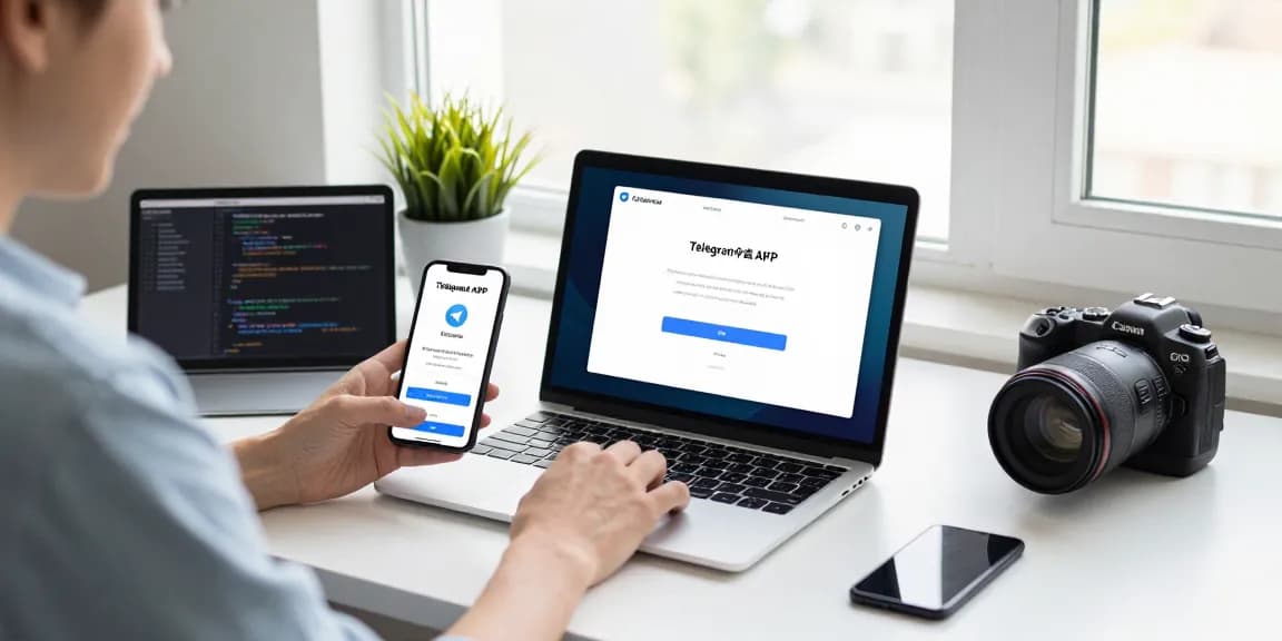 Person installing telegram chinese install apk on Android device in a modern workspace.