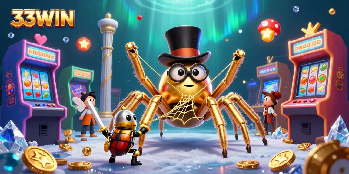 Experience the excitement at 33WIN with colorful casino characters and gaming elements in a vibrant scene.