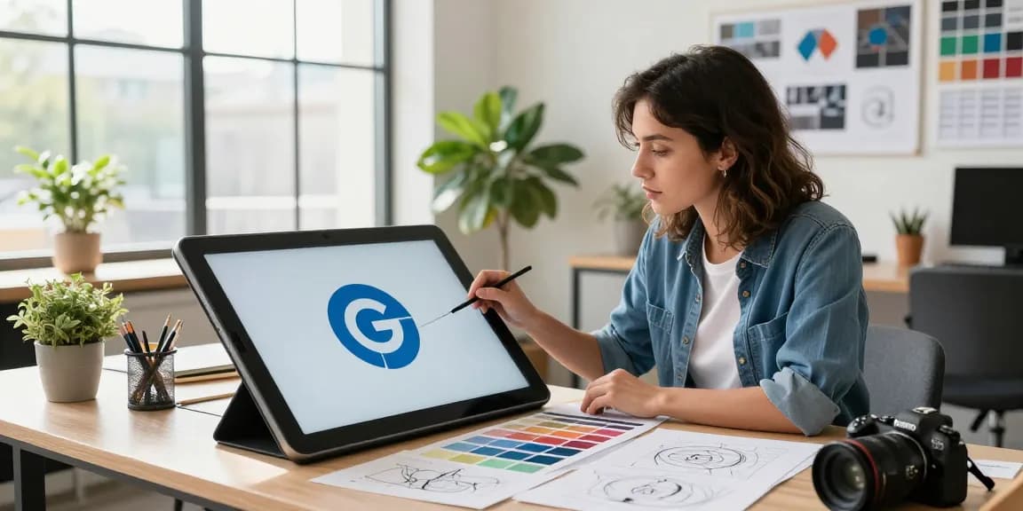 Grafik freelancer, ekspert od logo, w nowoczesnym biurze podczas tworzenia unikalnego projektu logo.