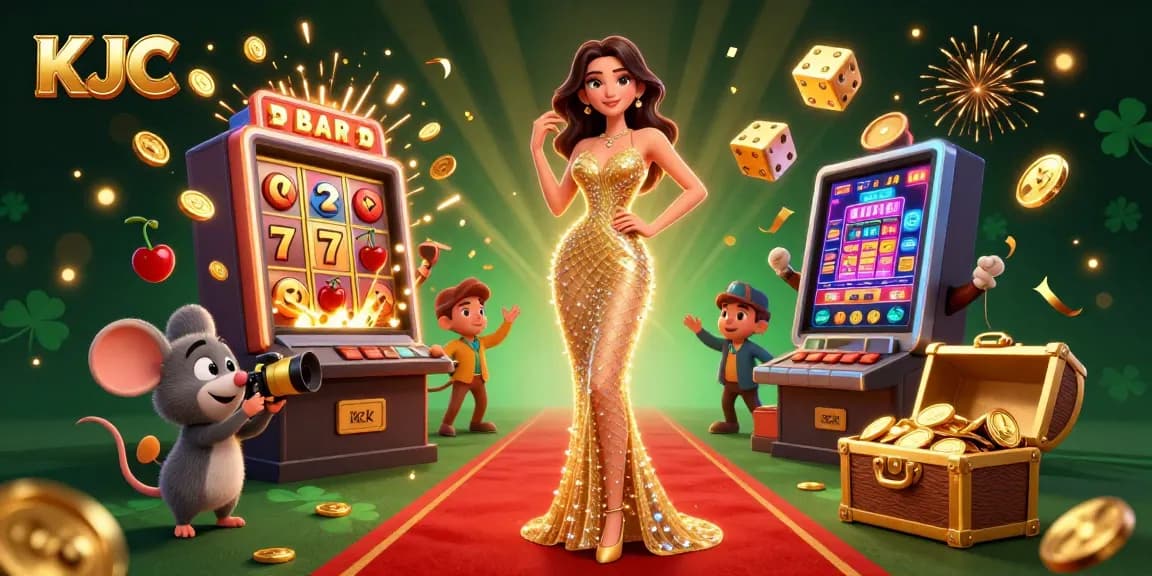 Experience thrilling wins at KJC with a stunning slot machine bursting coins and dazzling game elements.