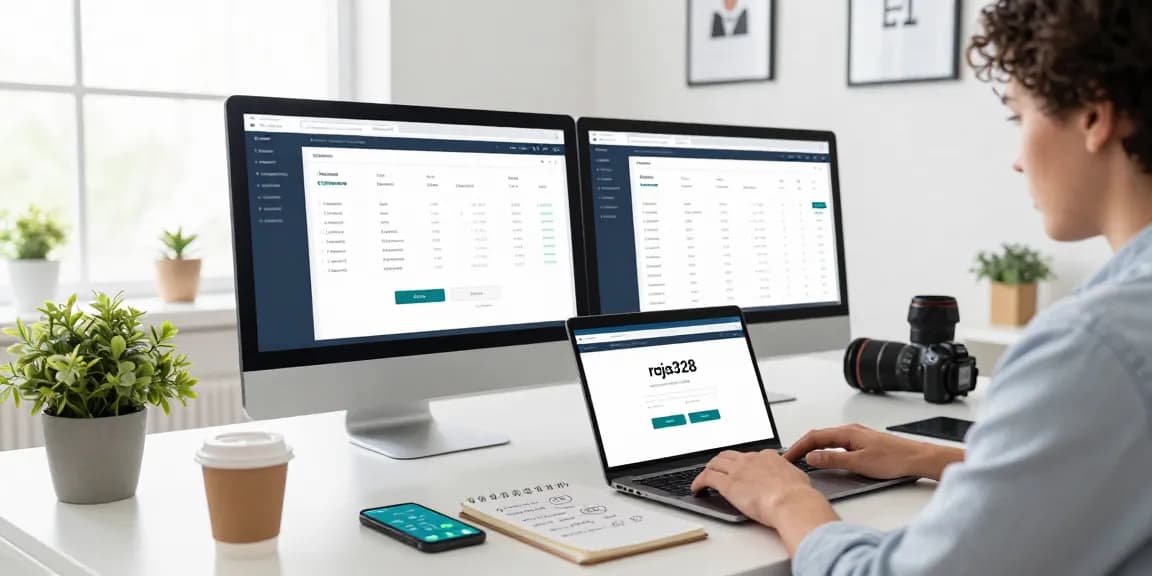 User engaging with raja328 login on a laptop in a modern banking workspace.