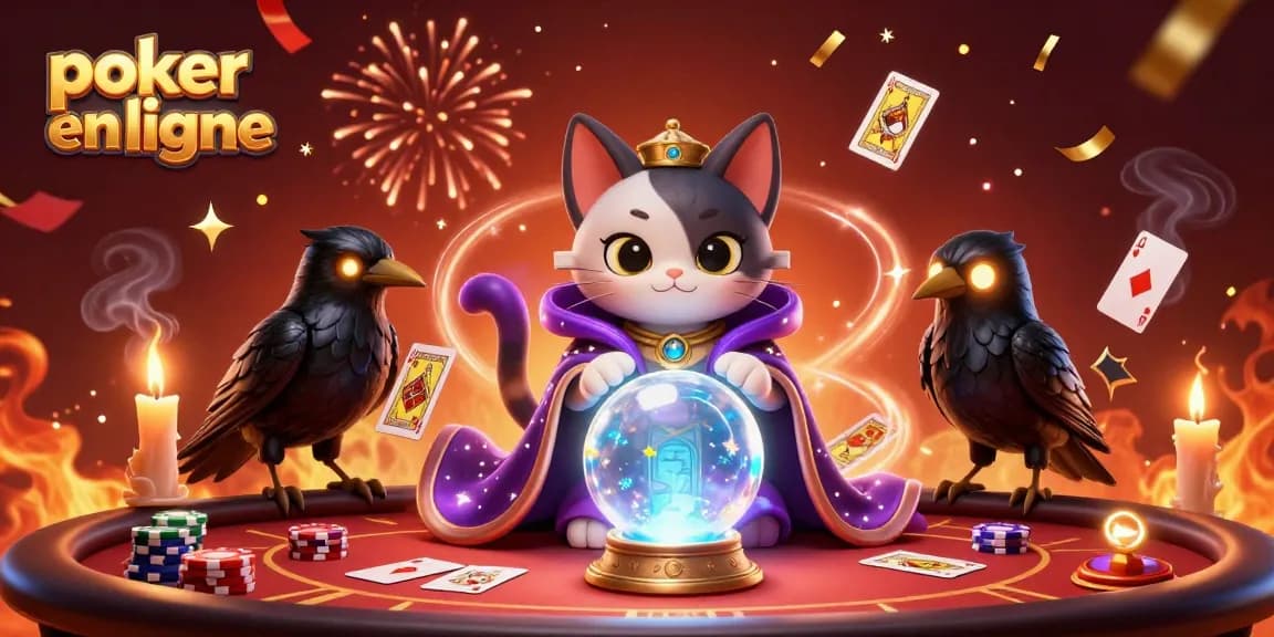 Jouez au poker en ligne sur des tables animées avec une ambiance vibrante et festive, enrichie de couleurs éclatantes.