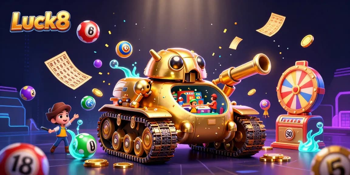 Experience the vibrant gaming world of Luck8 with lively casino elements and playful lottery visuals.