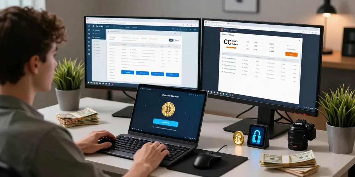 Customer exploring fullz shop online with live CC checker and Bitcoin payment interface.