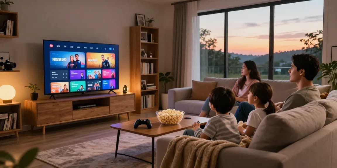 Famille profitant de leur abonnement iptv dans un salon chaleureux.