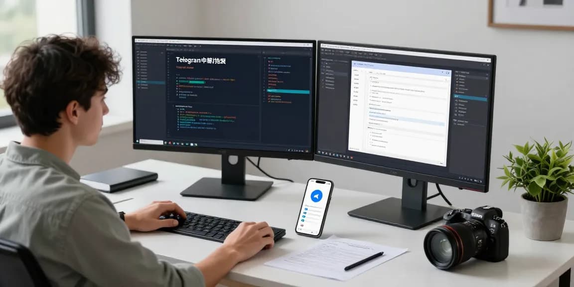 Software developer coding the Telegram Chinese install apk in a modern workspace.