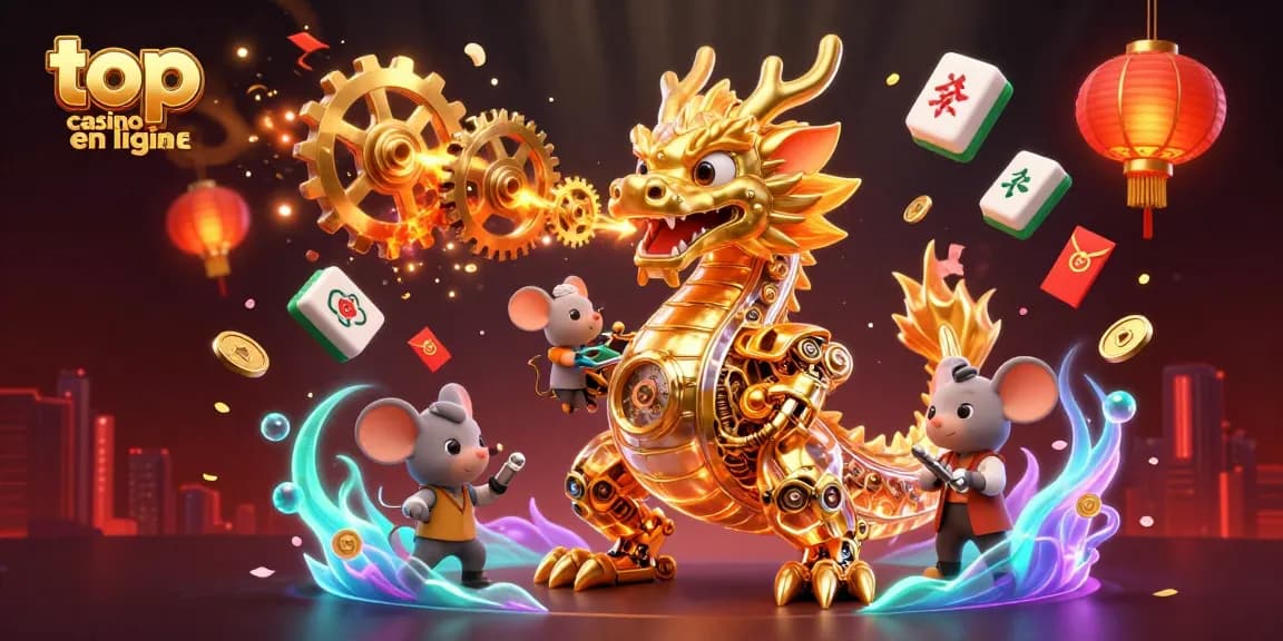 Découvrez le top casino en ligne avec un dragon mécanique doré, des rouleaux de machines à sous, et des feux d'artifice.